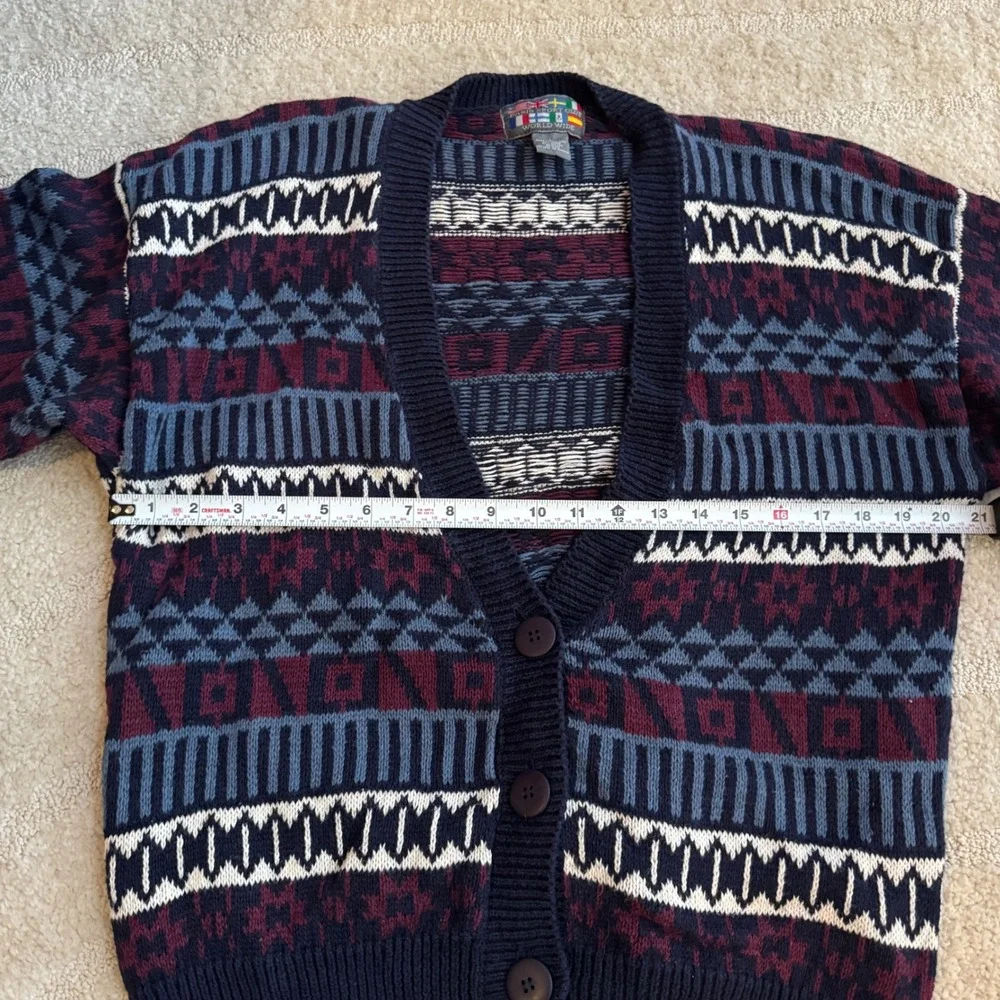 Paris Sport‎ Club Vintage Fair Isle Cardigan Sweater Navy Burgundy Geometric L